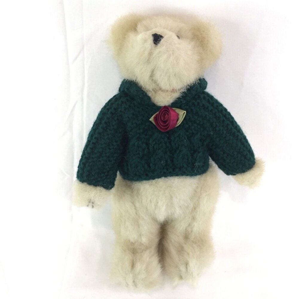 NWT Boyds Bears Jointed Plush Geneva Bear Green Sweater w Rose Stuffed Animal